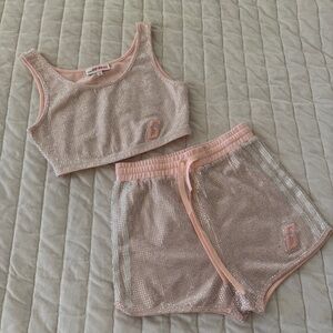 GSUWOO SO REAL Y2K Pink CRYSTAL rhinestone crop top  stripe shorts set Size S